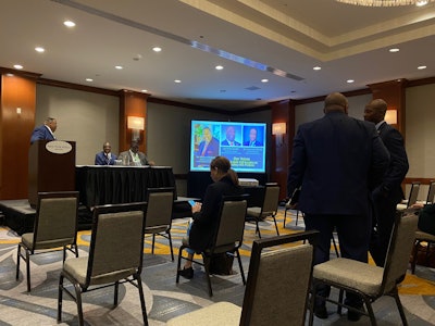 Community college leaders gather to hear Dr. Michael Baston, Dr. Lawrence Rouse, and Dr. Willie Smith on Monday at the New York City Midtown Hilton.