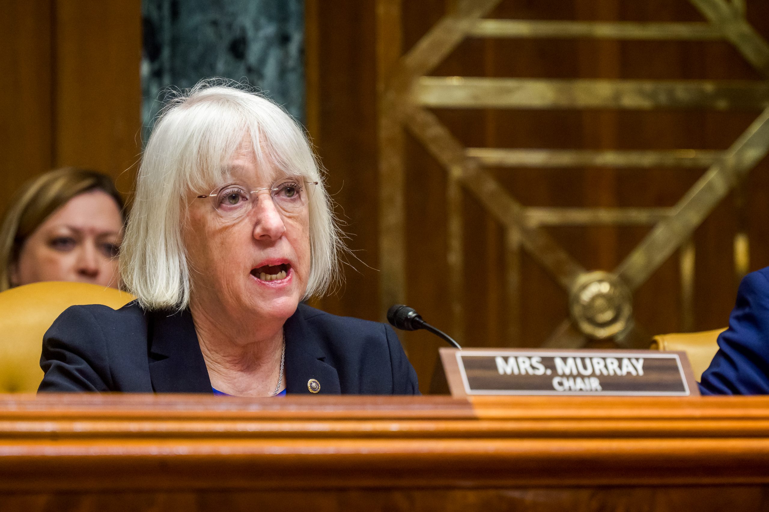 Older woman with white hair speaking at a legislative hearing, seated at official podium
