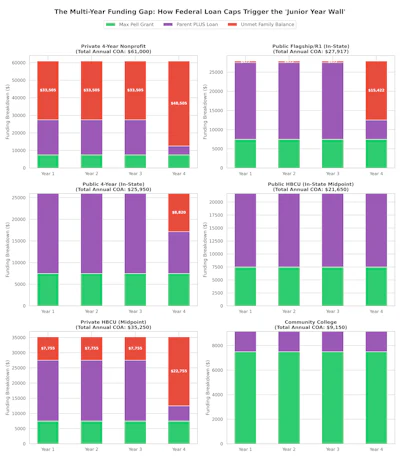 Under the previous Parent PLUS system, a family facing a $29,000 annual gap after grants and scholarships could borrow enough to cover that remaining cost. Under the new rules, the same family would reach the $65,000 lifetime borrowing limit before the student completes four years of college.