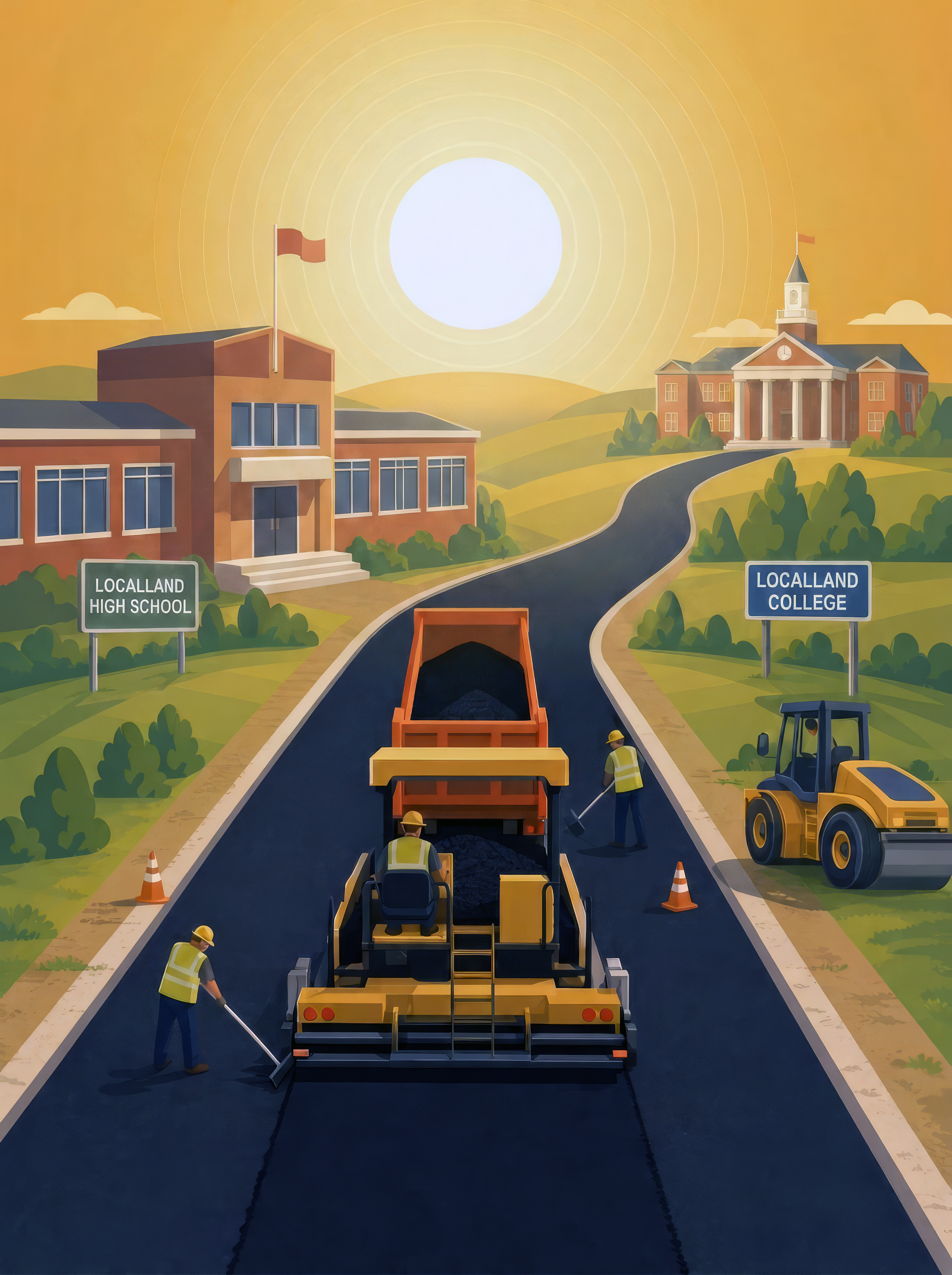 Road construction scene with asphalt paving equipment, workers, and heavy machinery connecting a high school and college campus buildings