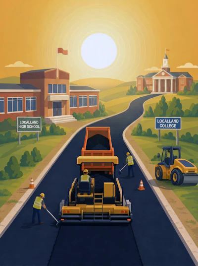 Road construction scene with asphalt paving equipment, workers, and heavy machinery connecting a high school and college campus buildings