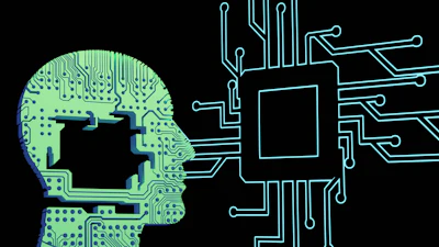 Digital illustration of human head with circuit board patterns connected to computer chip and network pathways