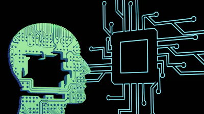 Digital illustration of human head with circuit board patterns connected to computer chip and network pathways